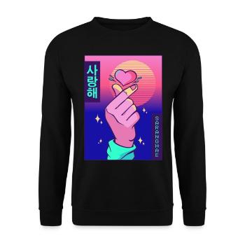 Finger Herz Vaporwave Ästhetische Saranghae Gesche - Unisex Pullover - Schwarz - Vorne - Alina (178cm) & Michal (187cm)