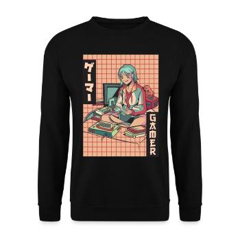 Gamer Anime Girl Vaporwave Aesthetic Gaming Ges - Unisex Sweatshirt - black - Front - Alina (178cm) & Michal (187cm)