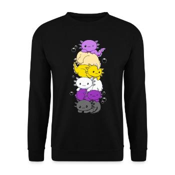 Nichtbinäre Flagge LGBTQ Kawaii Axolotl Stapel - Unisex Pullover - Schwarz - Vorne - Alina (178cm) & Michal (187cm)