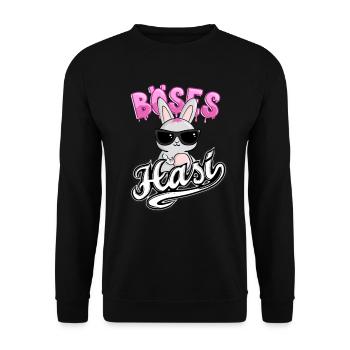 Das Böse Hasi mit cooler Sonnenbrille zeigt den - Unisex Pullover - Schwarz - Vorne - Alina (178cm) & Michal (187cm)