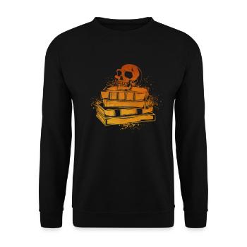 Schädel auf Büchern - Dark Academia - Unisex Pullover - Schwarz - Vorne - Alina (178cm) & Michal (187cm)