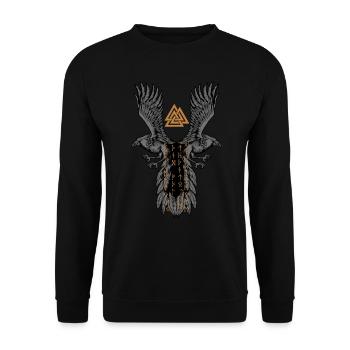 Odins Raben mit Wikinger Runen - Hugin und Munin - Unisex Pullover - Schwarz - Vorne - Alina (178cm) & Michal (187cm)