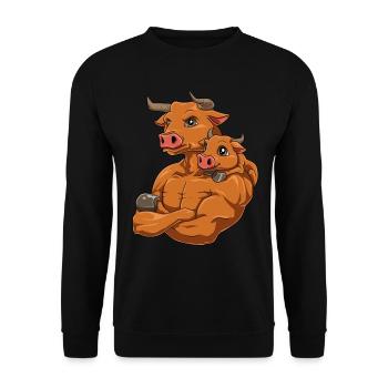 Starker Bulle mit Baby Bullen für einen Bullen - Unisex Pullover - Schwarz - Vorne - Alina (178cm) & Michal (187cm)