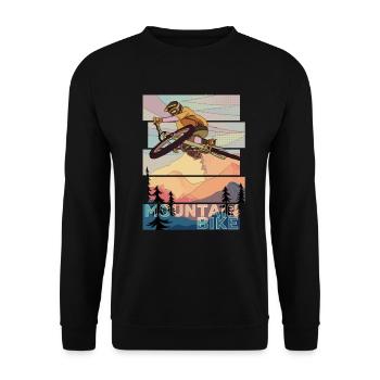 Retro MountainBiker springt mit MTB über Table vor - Unisex Pullover - Schwarz - Vorne - Alina (178cm) & Michal (187cm)
