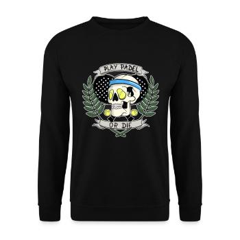 Play Padel Or Die cooler Padel Totenkopf Bällen - Unisex Pullover - Schwarz - Vorne - Alina (178cm) & Michal (187cm)