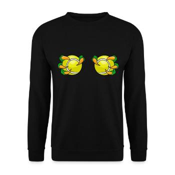 Zwei Padel Tennis Bälle auf Brust gehalten von - Unisex Pullover - Schwarz - Vorne - Alina (178cm) & Michal (187cm)