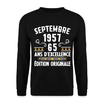 65 Ans Anniversaire Vintage Né(e) Septembre 1957 - Sweat-shirt Unisexe - noir - Devant - Alina (178cm) & Michal (187cm)
