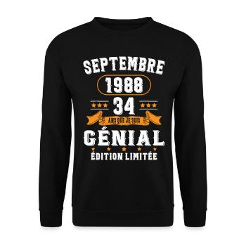 34 Ans Anniversaire Vintage Né(e) Septembre 1988 - Sweat-shirt Unisexe - noir - Devant - Alina (178cm) & Michal (187cm)