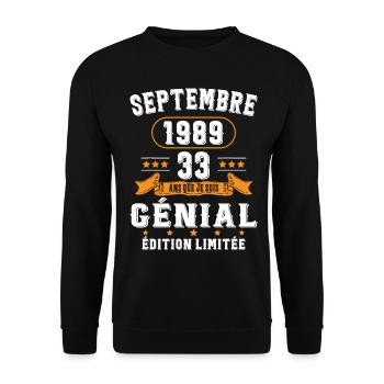 33 Ans Anniversaire Vintage Né(e) Septembre 1989 - Sweat-shirt Unisexe - noir - Devant - Alina (178cm) & Michal (187cm)