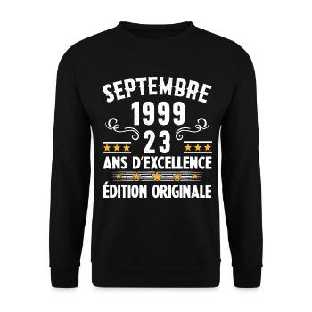 23 Ans Anniversaire Vintage Né(e) Septembre 1999 - Sweat-shirt Unisexe - noir - Devant - Alina (178cm) & Michal (187cm)