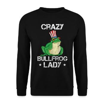 Verrückte Ochsenfrosch Lady fängt und isst Frösche - Unisex Pullover - Schwarz - Vorne - Alina (178cm) & Michal (187cm)