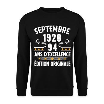 94 Ans Anniversaire Vintage Né(e) Septembre 1928 - Sweat-shirt Unisexe - noir - Devant - Alina (178cm) & Michal (187cm)