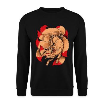 Japanische Yokai Figur Kitsune - Unisex Pullover - Schwarz - Vorne - Alina (178cm) & Michal (187cm)