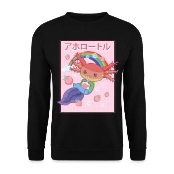Kawaii Axolotl Erdbeermilch Gay Pride - Unisex Pullover - Schwarz - Vorne - Alina (178cm) & Michal (187cm)