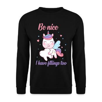Be Nice I Have Fillings Too Einhorn mit Zahn - Unisex Pullover - Schwarz - Vorne - Alina (178cm) & Michal (187cm)