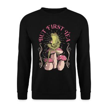 Cottagecore Ästhetischer Frosch-Pilz-Tee Goblincor - Unisex Pullover - Schwarz - Vorne - Alina (178cm) & Michal (187cm)