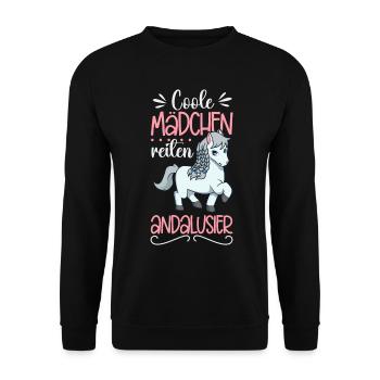 Coole Mädchen reiten Andalusier - Unisex Pullover - Schwarz - Vorne - Alina (178cm) & Michal (187cm)