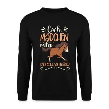 Coole Mädchen reiten Englisches Vollblut - Unisex Pullover - Schwarz - Vorne - Alina (178cm) & Michal (187cm)