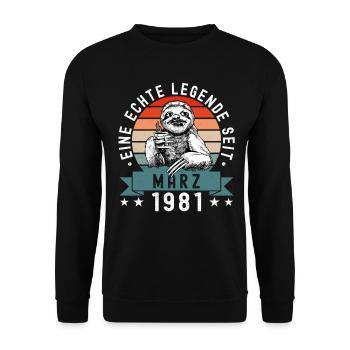 Faultier Geburtstag März 1981 Geboren Jahrgang - Unisex Pullover - Schwarz - Vorne - Alina (178cm) & Michal (187cm)