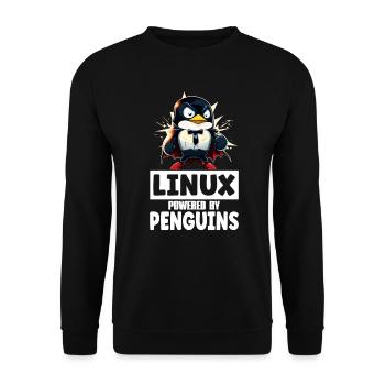 Linux Tux Penguin Powered by Sudo Superhero - Unisex Pullover - Schwarz - Vorne - Alina (178cm) & Michal (187cm)