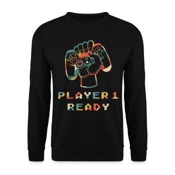 Spieler 1 Bereit in Kombination mit - Unisex Pullover - Schwarz - Vorne - Alina (178cm) & Michal (187cm)