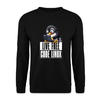 Live Free Code Linux Nerd Tux Nerdy Penguin Coding - Unisex Pullover - Schwarz - Vorne - Alina (178cm) & Michal (187cm)