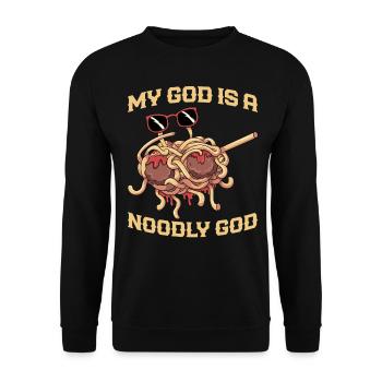 Fliegendes Spaghettimonster betupfen - Unisex Pullover - Schwarz - Vorne - Alina (178cm) & Michal (187cm)