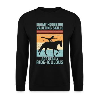 Lustiges Reitpferd Voltigieren Retro - Unisex Pullover - Schwarz - Vorne - Alina (178cm) & Michal (187cm)