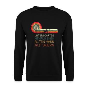 Lustiges Alter Mann Auf Skiern - - Unisex Pullover - Schwarz - Vorne - Alina (178cm) & Michal (187cm)