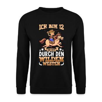 Ich bin 12 - Jungen Cowboy - Unisex Pullover - Schwarz - Vorne - Alina (178cm) & Michal (187cm)