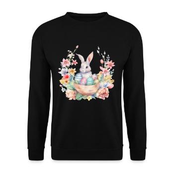 Frohe Ostern Hase Osterei für einen Osterhasen - Unisex Pullover - Schwarz - Vorne - Alina (178cm) & Michal (187cm)