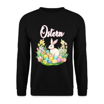 Frohe Ostern Hase Osterei für einen Osterhasen - Unisex Pullover - Schwarz - Vorne - Alina (178cm) & Michal (187cm)