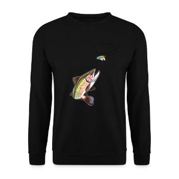 Trout Fly Fishing - Trout Biting a Fly Lure - Unisex Pullover - Schwarz - Vorne - Alina (178cm) & Michal (187cm)
