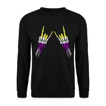 Non Binary Pride Flag Devil Horn Skeleton Subtle - Unisex Pullover - Schwarz - Vorne - Alina (178cm) & Michal (187cm)