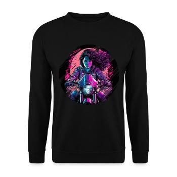 Schöne Motorradfahrerin auf ihrer Maschine - Unisex Pullover - Schwarz - Vorne - Alina (178cm) & Michal (187cm)