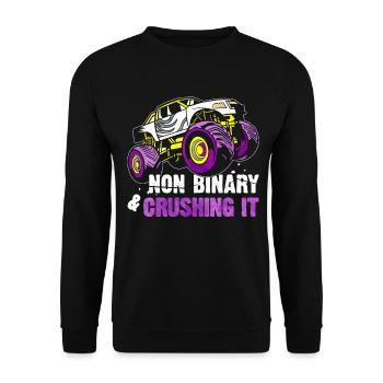 Nicht-binärer Stolz Flagge Monster Truck - Unisex Pullover - Schwarz - Vorne - Alina (178cm) & Michal (187cm)