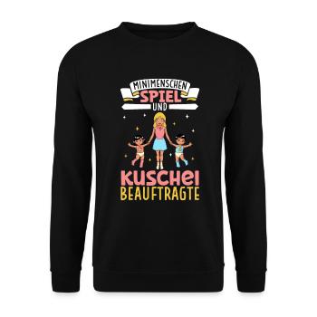 Minimenschen Spiel und Kuschel Beauftragte - Unisex Pullover - Schwarz - Vorne - Alina (178cm) & Michal (187cm)