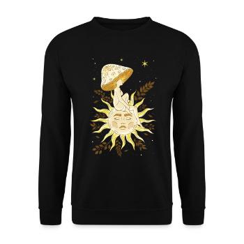 Whimsigoth Cottagecore Mushroom Girl Sun Witchy - Unisex Pullover - Schwarz - Vorne - Alina (178cm) & Michal (187cm)