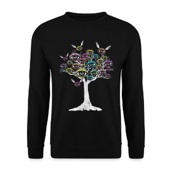 Weirdcore Ästhetischer Baum Fliegende Augen - Unisex Pullover - Schwarz - Vorne - Alina (178cm) & Michal (187cm)