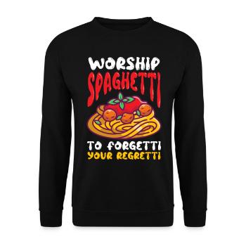 Fliegendes Spaghettimonster FSM Pastafarian - Unisex Pullover - Schwarz - Vorne - Alina (178cm) & Michal (187cm)