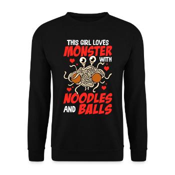 Das fliegende Spaghettimonster - Unisex Pullover - Schwarz - Vorne - Alina (178cm) & Michal (187cm)