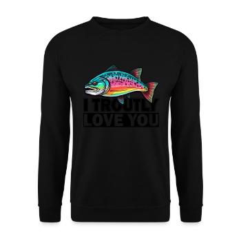 I Troutly Love Trout Fishing - Retro Fly Fishing - Unisex Pullover - Schwarz - Vorne - Alina (178cm) & Michal (187cm)