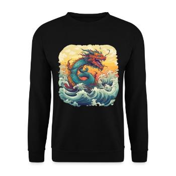 Asiatisch Drache Anime Japanisch Meer Wellen - Unisex Pullover - Schwarz - Vorne - Alina (178cm) & Michal (187cm)