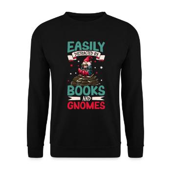 Leicht abzulenken mit Büchern und Gartenzwergen - Unisex Pullover - Schwarz - Vorne - Alina (178cm) & Michal (187cm)
