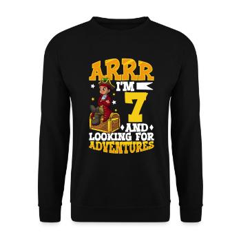 Ich bin 7 - Jungen Pirat - Unisex Pullover - Schwarz - Vorne - Alina (178cm) & Michal (187cm)
