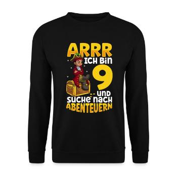 Ich bin 9 - Jungen Pirat - Unisex Pullover - Schwarz - Vorne - Alina (178cm) & Michal (187cm)