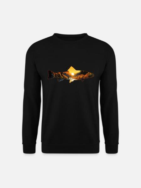 Retro-Sonnenuntergang Fluss & Berg-Szene Forelle - Unisex Pullover - Schwarz