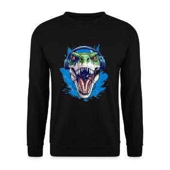 Cooler Dino mit Kopfhörer für Dino Fan - Unisex Pullover - Schwarz - Vorne - Alina (178cm) & Michal (187cm)