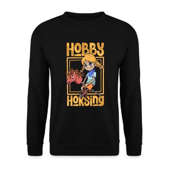 Mädchen beim Hobby Horsing - Unisex Pullover - Schwarz - Vorne - Alina (178cm) & Michal (187cm)