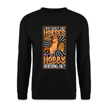 Ich liebe Pferde und Hobby Horsing - Unisex Pullover - Schwarz - Vorne - Alina (178cm) & Michal (187cm)